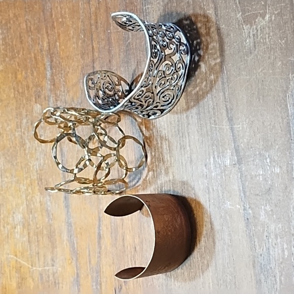 Various Jewelry - Three Cuff Style Bracelets, Etched Copper, Filigree Gold & Silver Colour